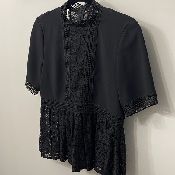 Zara Womens Sz s Black Lace Crochet High Neck Peplum Short Sleeve Blouse Top - Picture 10 of 11